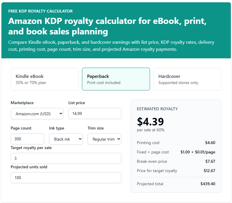 Amazon KDP Royalty Calculator Free - eBook, Print Cost & Book Sales